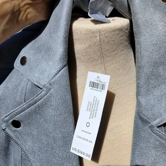 CHICOS Elongated Suede Moto Jacket Gray Mist NWT Size 0 (4-6 small) PS01-21 - Picture 7 of 8